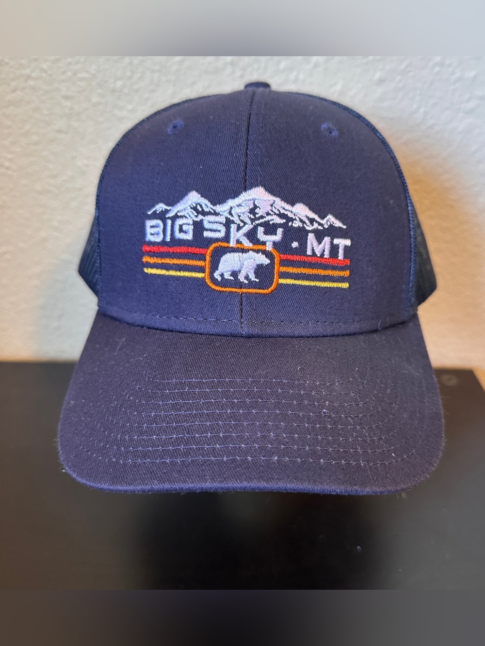 Ouray Sportswear Big Sky MT Trucker Hat Navy Blue Mountains Bear